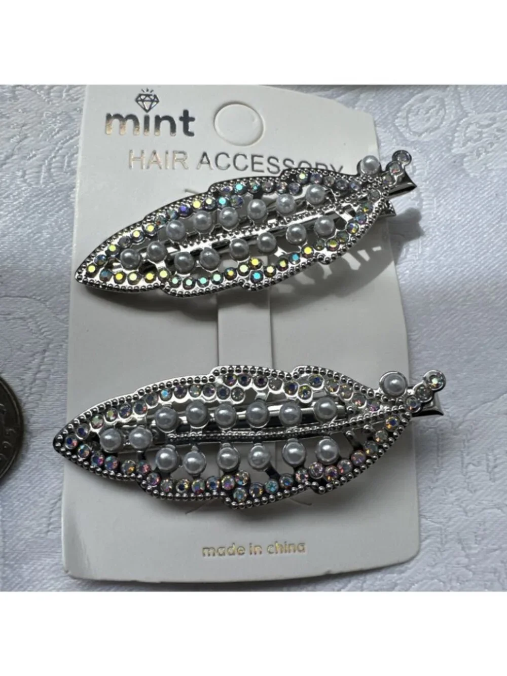 Silver Pearl Hair Clips Clamp Metal Alligator Claw Bling Crystal Rhinestone 2.5